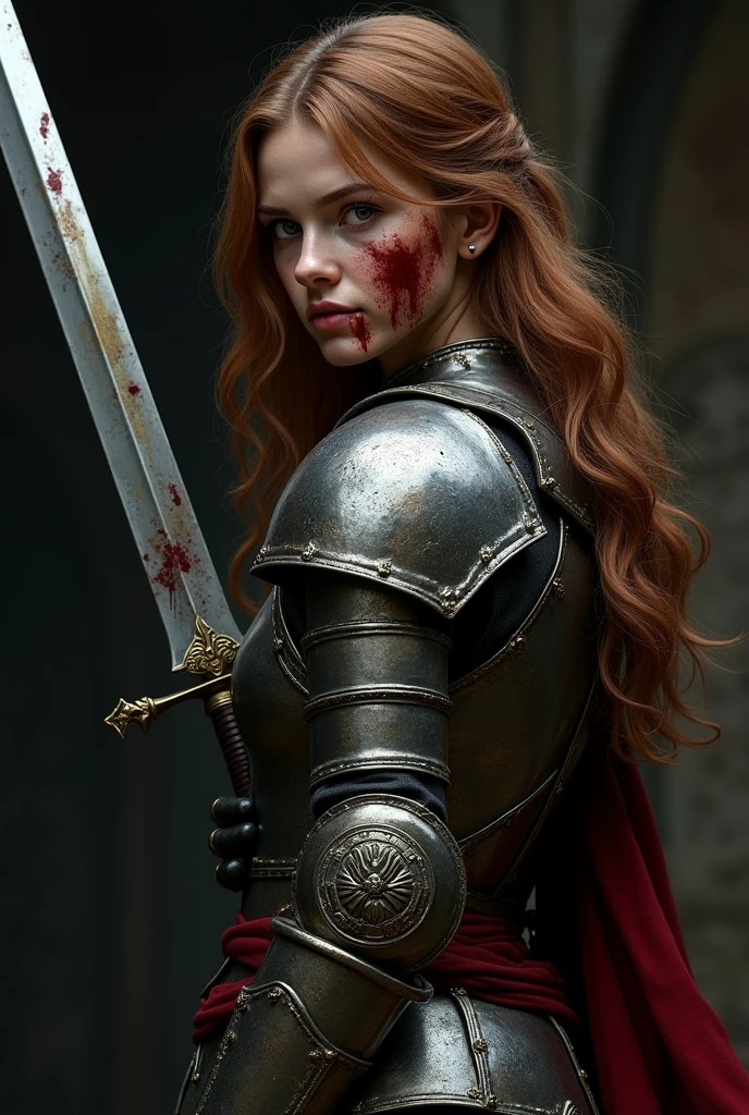 quality(8k wallpaper of extremely detailed CG unit, masterpiece, hight resolution, top-quality, top-quality real texture skin,hyper realisitic, digitial painting,increase the resolution,RAW photos,best qualtiy,highly detailed,the wallpaper),BREAK,8K, Girl in red messy and dirty armor , darkfantasy, standing in middle of Graveyard , shot from back, long messy red hair, night, horror scene, horror movie, horror mood