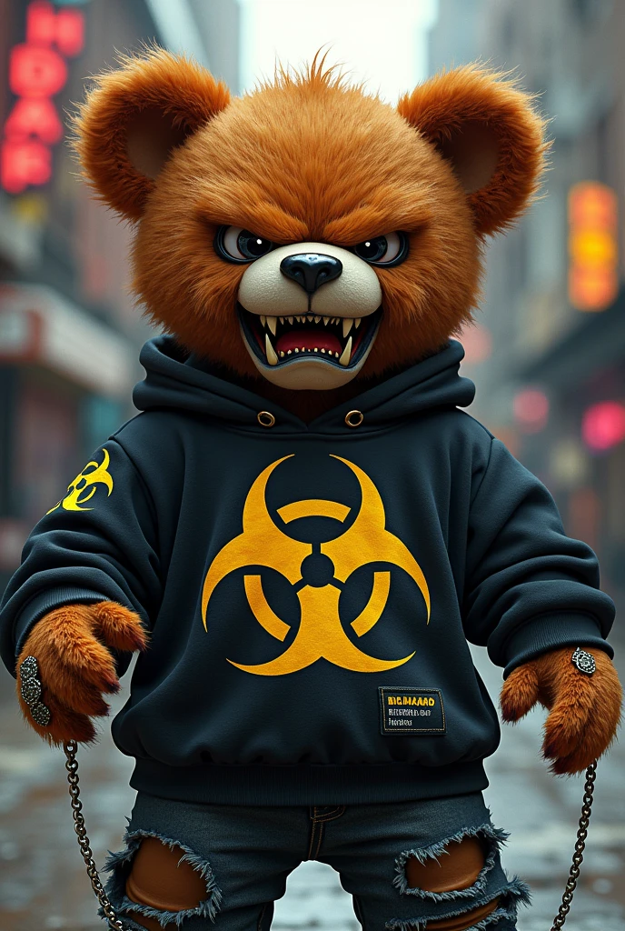 Angry teddy bear streetwear style, BIOHAZARD text sweatshirt