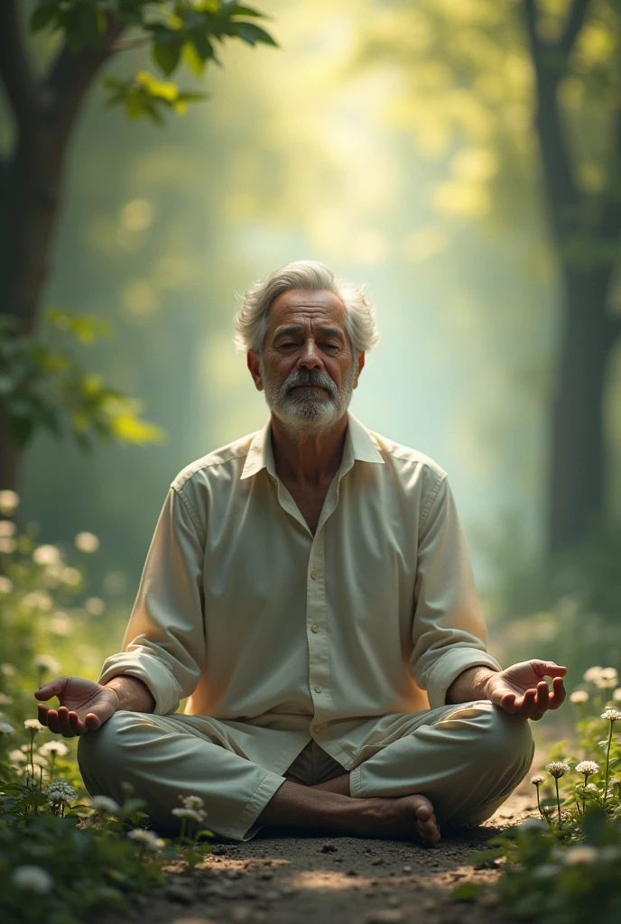 I am a 4 man who is still. Generate an image of myself that describes a growth in my being., with a future full of peace and spiritual tranquility