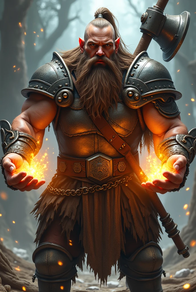 a young adult white male dwarf with long brown beard, and with a ponytail wearing chain mail, with a war hammer on his back while his hands are glowing with healing magic (is not obese)