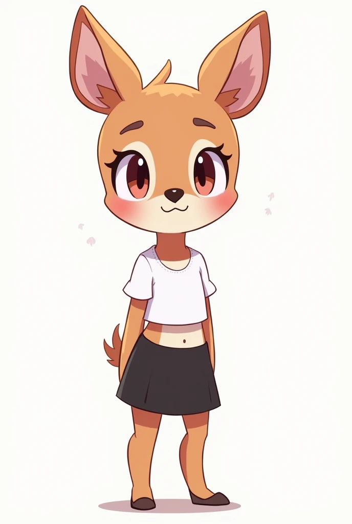 Deer girl Noelle holiday from deltarune wearing a white crop top with a short black skirt. Cartoon art style with. She is hypnotized