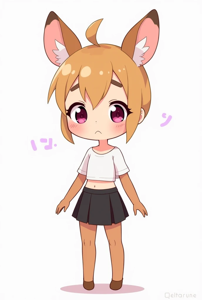 Deer girl Noelle holiday from deltarune wearing a white crop top with a short black skirt. Cartoon art style with. She is hypnotized