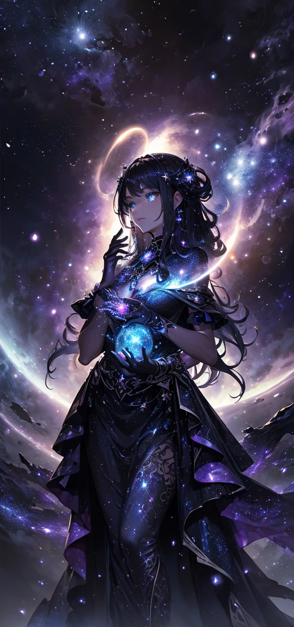 space witch, a mystical being with a dark and enchanting presence. She has long, flowing hair that resembles the night sky, with stars and galaxies twinkling within it. Her attire is a combination of celestial robes and intricate armor, adorned with intricate cosmic symbols. She holds a staff with a glowing crystal at its tip, emanating a mysterious energy. The scene is set in a nebula-filled universe, with swirling colors and distant planets. The witch exudes power and wisdom, casting spells and harnessing the forces of the cosmos. (Mystical:1.2, cosmic lighting:1.3, celestial elements:1.2).