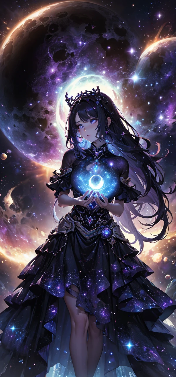 space witch, a mystical being with a dark and enchanting presence. She has long, flowing hair that resembles the night sky, with stars and galaxies twinkling within it. Her attire is a combination of celestial robes and intricate armor, adorned with intricate cosmic symbols. She holds a staff with a glowing crystal at its tip, emanating a mysterious energy. The scene is set in a nebula-filled universe, with swirling colors and distant planets. The witch exudes power and wisdom, casting spells and harnessing the forces of the cosmos. (Mystical:1.2, cosmic lighting:1.3, celestial elements:1.2).