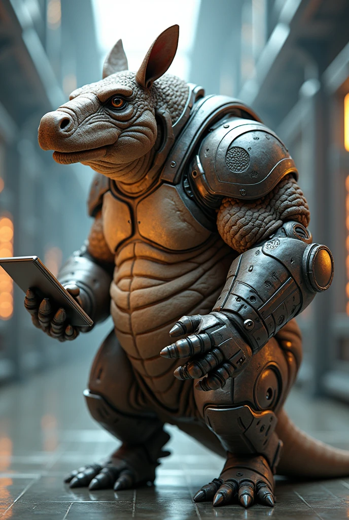 Muscular armadillo with a robotic arm and computer in hand