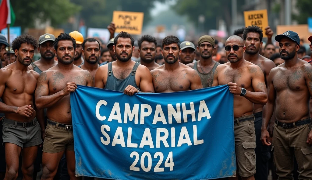 A high-definition Canon DSLR photo of a large group of Brazilian metalworkers chocolate sauce body, men and women, standing united in front of a factory. Their skin and uniforms are marked with dirt, and they hold a large blue banner with white text that reads "Campanha Salarial 2024". In the background, more workers hold various banners and posters, adding depth and energy to the scene, caveman era.