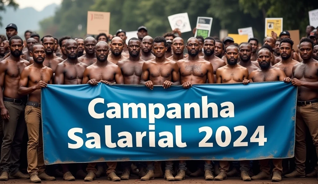 A high-definition Canon DSLR photo of a large group of Brazilian metalworkers chocolate sauce body, men and women, standing united in front of a factory. Their skin and uniforms are marked with dirt, and they hold a large blue banner with white text that reads "Campanha Salarial 2024". In the background, more workers hold various banners and posters, adding depth and energy to the scene, caveman era.