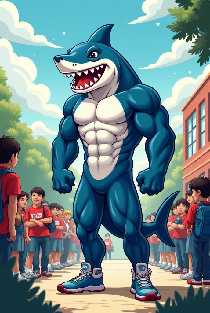 shark with strong arms, school sophomore mascot with friendly chain