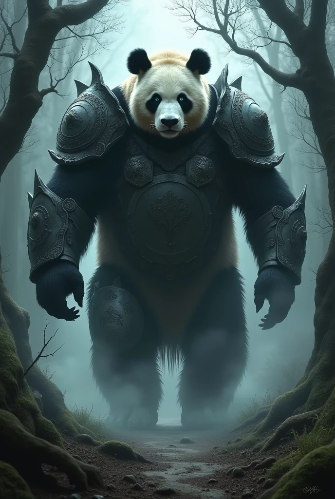 Create for me an image of a Giant Panda wearing armor wandering in the darkness