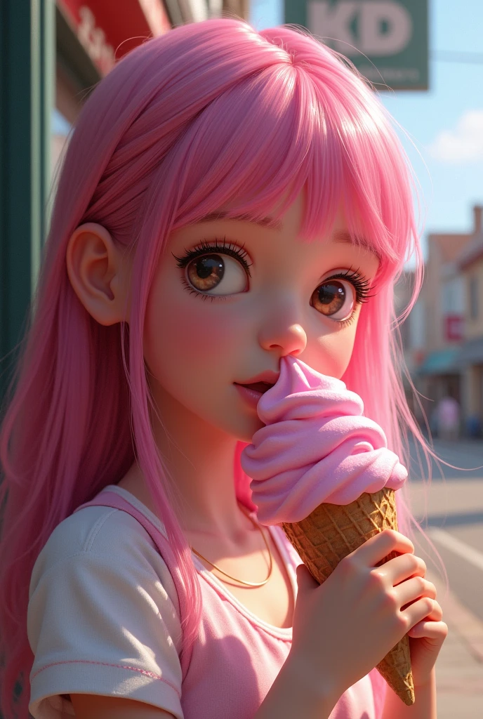 A girl with dark pink hair in the United States eating pink ice cream I want something super realistic