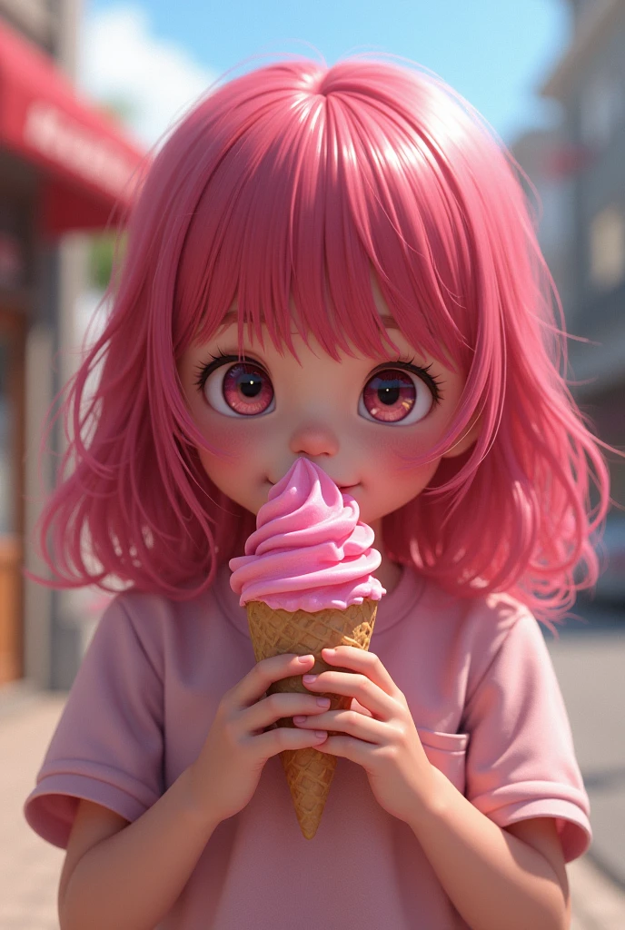 A girl with dark pink hair in the United States eating pink ice cream I want something super realistic