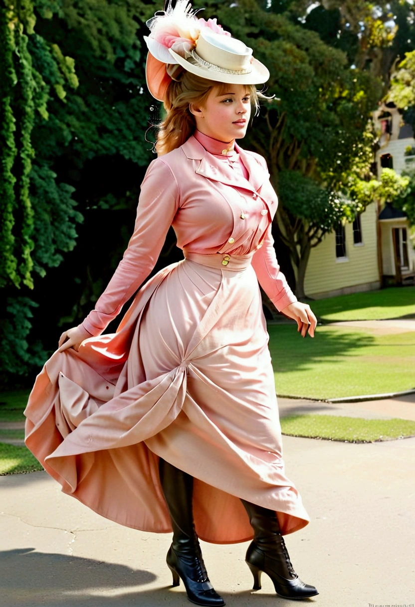 A sexy  Gibson Girl walking down a windy street. Year 1902. 1900_dr3ss. Pink high-collar long sleeve shirtwaist, ornate picture hat, long skirt, petticoats, silk stockings, boots. Thotty demeanor. Hourglass figure. Large chest, wasp waist, bubble butt. Edwardian setting.