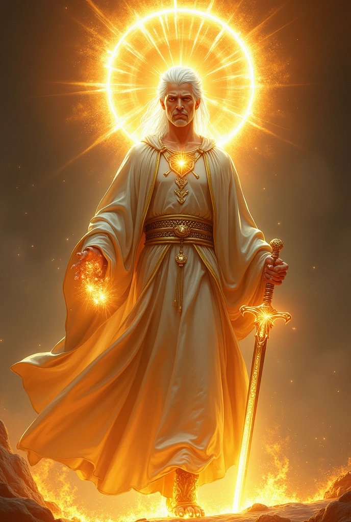 man, clothed with a garment down to the foot, and girt about the paps with a golden girdle.His head and his hairs were white like wool, as white as snow; and his eyes were as a flame of fire;
And his feet like unto fine brass, as if they burned in a furnace;
And he had in his right hand seven stars: and out of his mouth went a sharp twoedged sword: and his countenance was as the sun shineth in his strength.