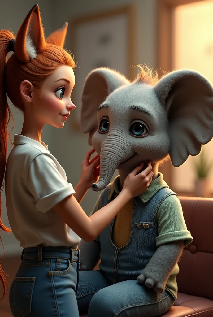 A female fox works as a hairdresser, removing excess hair from the face of a very young elephant wearing a shirt and jeans. 
, To persuade, The twenties, Handsome, Detailed face, Looking at the camera, really, 4K Ultra HD, High quality