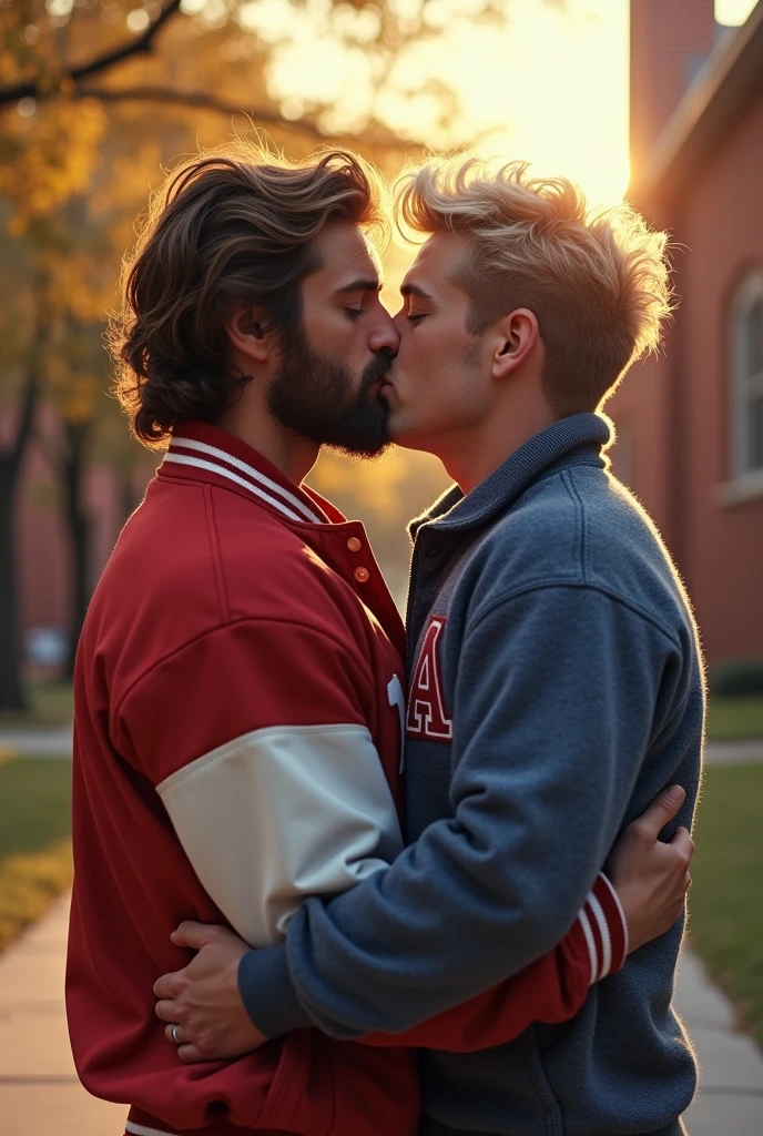 Bearded athlete in red football jacket kissing handsome blond curly hair boy in blue sweater at school 80s sunset gay couple
