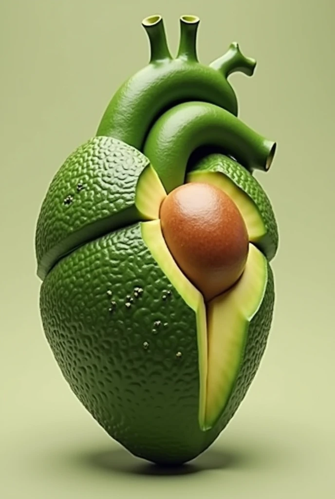 Create an avocado in the shape of an anatomical heart, and that in a part of the heart you can see the avocado seed
