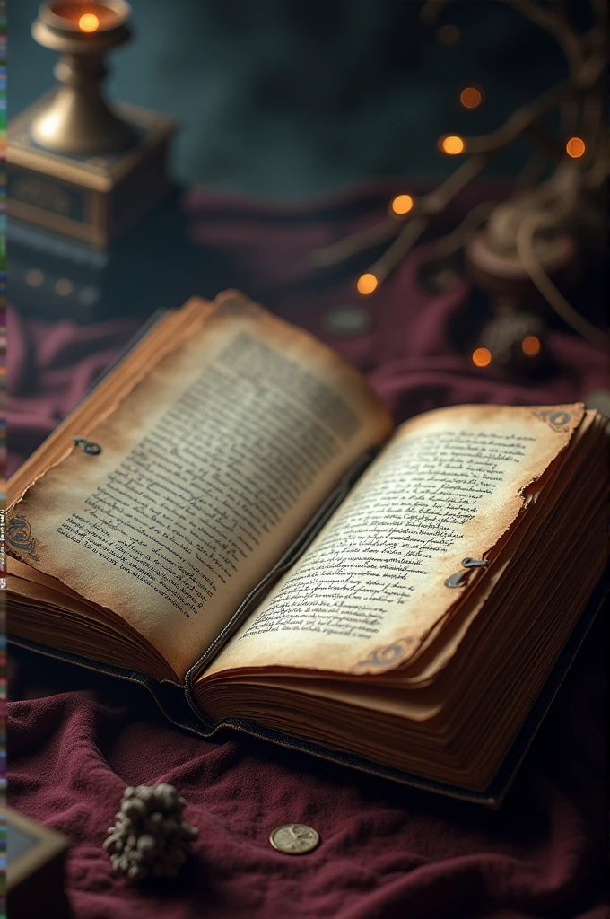 Writing notebook with magical aura, with the dark wine colored cover, it is open with old pages and with words that tell a story.