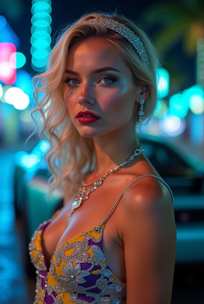1girl, masterpiece, best quality, 8k, detailed skin texture, detailed cloth texture, beautiful detailed face, intricate details, ultra detailed, a photo of a sexy blonde latina girl model,2,young girl and beautiful face with a perfect fit body with big perfect round breasts,stunning and seducing body,azure eyes,red lips,highlight and wavy dirty blonde hair,with perfect hair,wearing a cute intricate ornamental silver and gold hairband,(wearing make-up:0.91),cured face,wearing a sexy and short dress with random color silver,yellow,purple,metallic,blue and random color with accessories and luxurious style, (miami at night in background:1.8), (azure led lights:1.4)
super car behind
