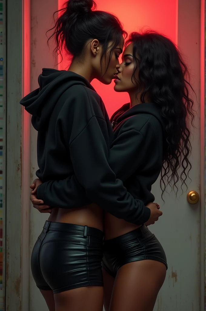 Black woman hair and a bun black hoodie and leather black short shorts with a odor ugly woman standing behind her up against her with her arms around her waist and kissing her neck very sexual