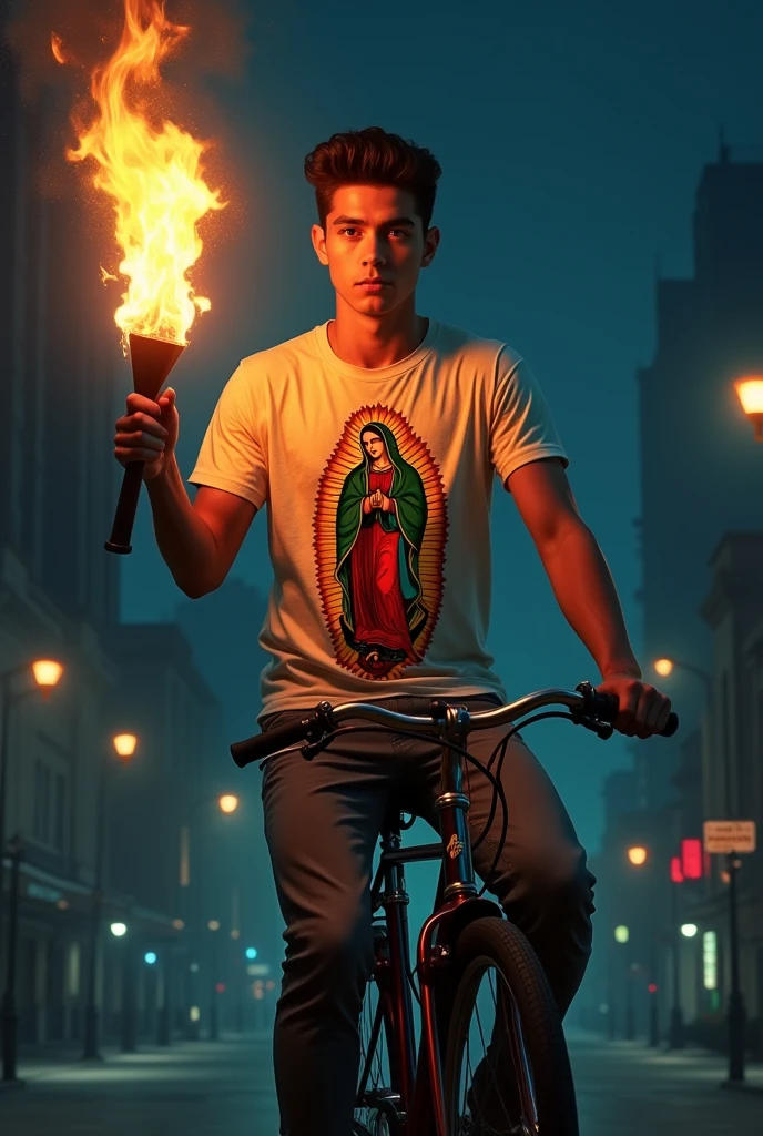 An image of a young man on a bicycle with a torch in his hand wearing a t-shirt of the Virgin of Guadalupe