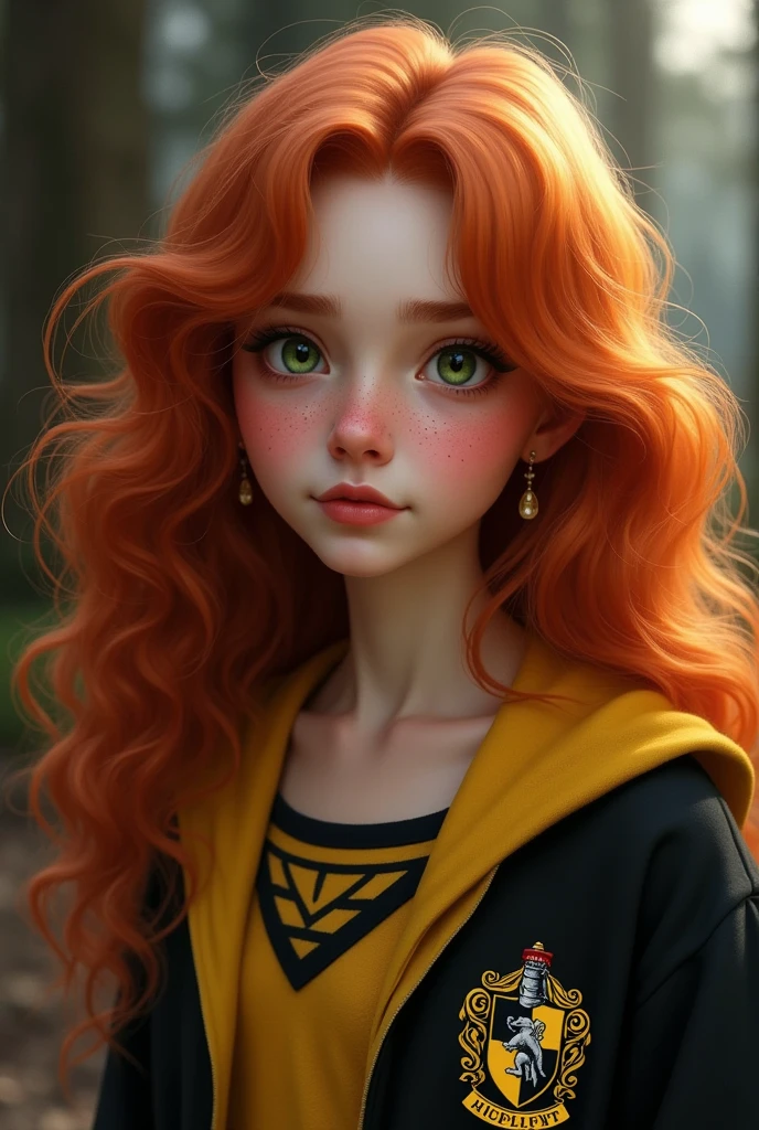 rousse avec de longs cheveux bouclés, les yeux verts foncés/marrons avec un uniforme d'harry potter, poufsouffle, taches de rousseurs
elle s'appelle Nora Smith