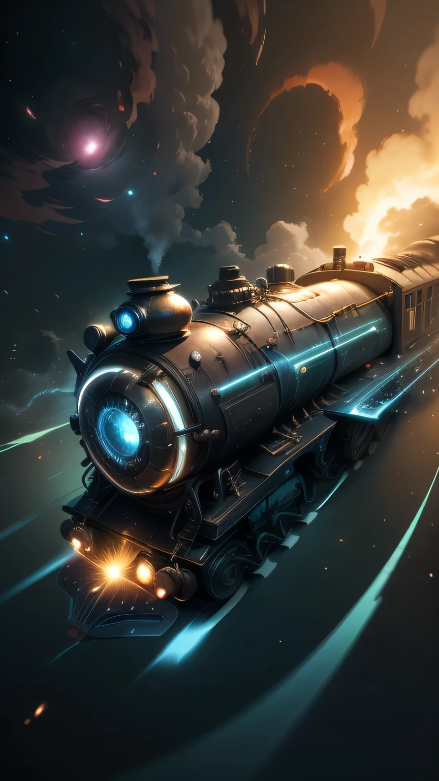 Fantasy，8k,Extremely detailed, masterpiece,High resolution,Highest quality,Increase the resolution,Cinema Lighting,Different space，4 dimensional world，Night on the Galaxy Express，cyber-，light blue body，Train-shaped spaceship，Steam locomotive-type spaceship，Maneuvering with a fusion reactor，30-car train、Run through the space zone，Numerous stars，Many Galaxies，Milky Way，Cruising at the speed of light，Seeing the Earth in the distance，Super Express，Andromeda Galaxy visible，Wide angle of view，Vision，Floating in the air，In the dazzling light，Extremely colorful，The whole carriage is visible，S-shaped，Rail of light，colorful cloud nebula，The whole universe glows blue