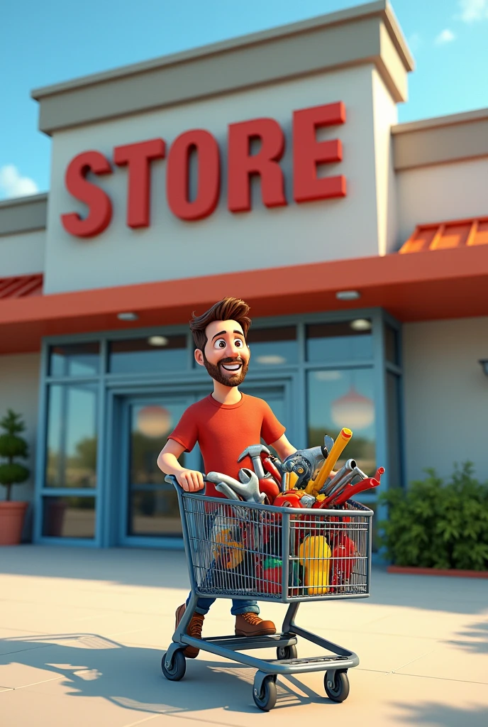 Animated man walking out of a large modern hardware store with his shopping cart full of tools