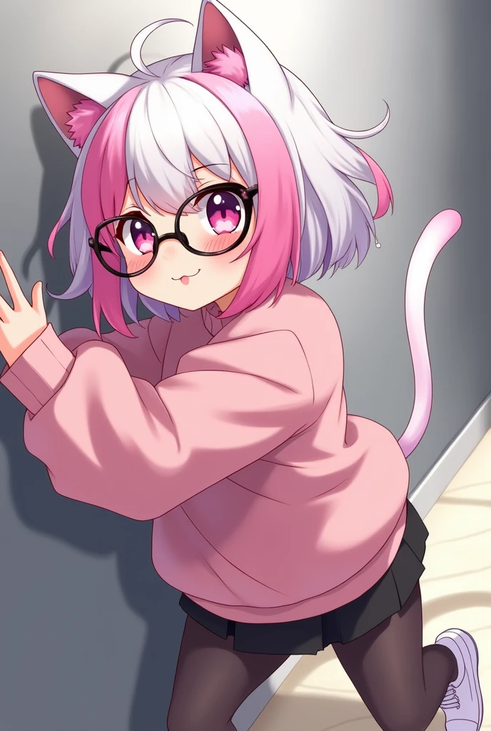 I have pink white hair, cat ears, a bow, My face is super blushing, black glasses, pink heart eyes, a big pink sweatshirt, a skirt under her skirt a black short, black stockings, White shoes, a cat&#39;s tail, A very shy girl I&#39;m hitting you against a wall grabbing her butt