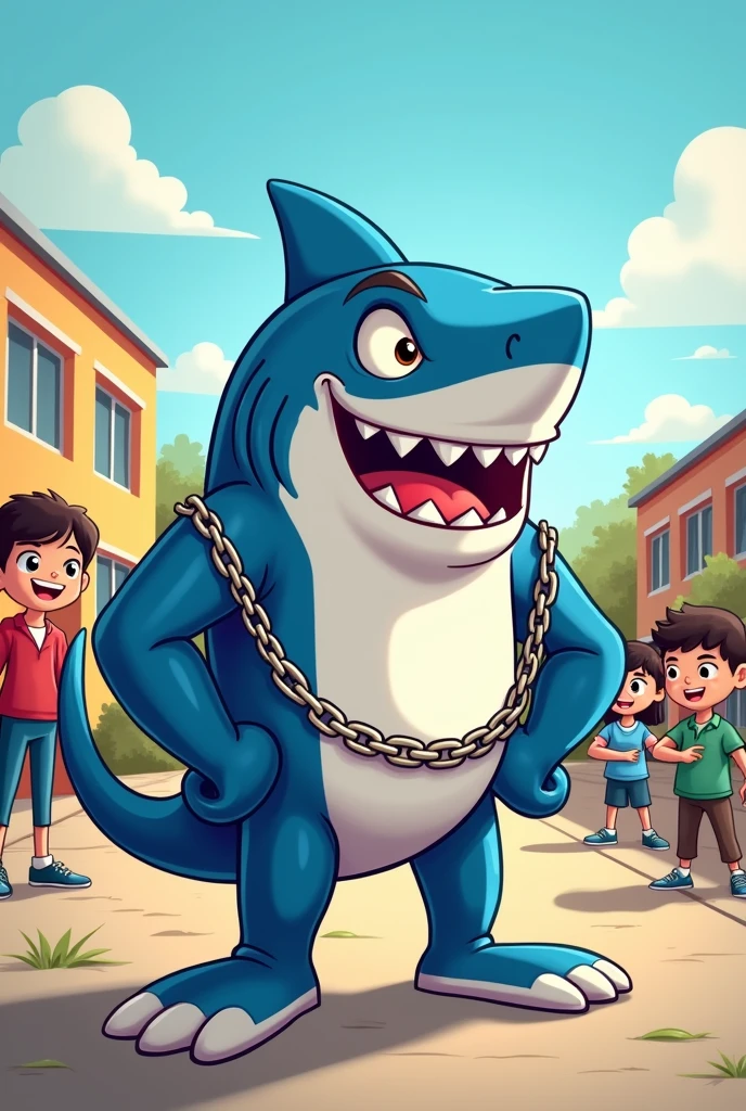 shark with strong arms, second grade school mascot with harmless chain