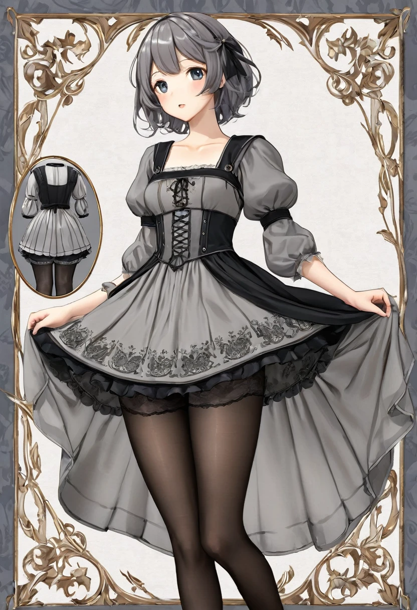  Underwear, Realistic panties and bloomers made from patterned cotton fabric, Medieval grey one-piece dress with black embroidery and panniers, Fabric Realism, Low Angle, You can see the drawer, Pull up the dress by hand, Strong winds, Translucent slip, Translucent slip, tights, Highest quality, Crotch close-up, whole body, Skirt lining
