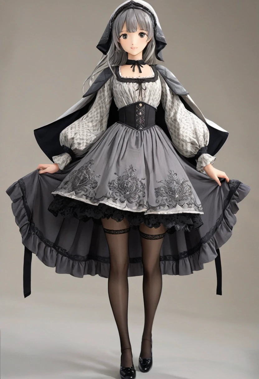 Underwear, Realistic panties and bloomers made from patterned cotton fabric, Medieval grey one-piece dress with black embroidery and panniers, Fabric Realism, Low Angle, You can see the drawer, Pull up the dress by hand, Strong winds, Translucent slip, Translucent slip, tights, Highest quality, Crotch close-up, whole body, Skirt lining
