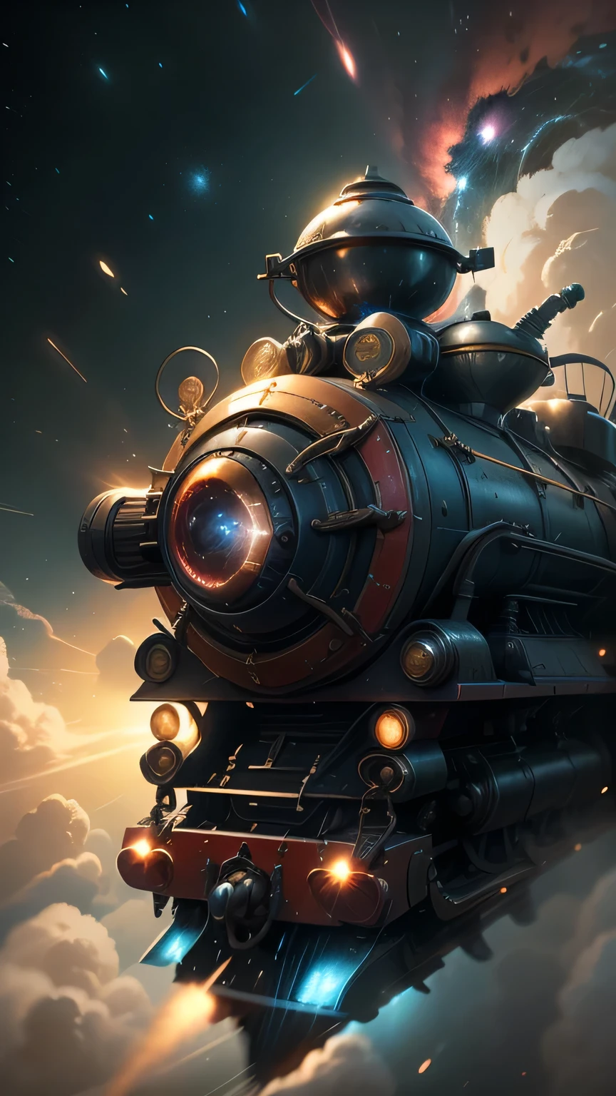 Fantasy,8k,Extremely detailed, masterpiece,High resolution,Highest quality,Increase the resolution,Cinema Lighting,Different space,4 dimensional world,Night on the Galaxy Express,cyber-,light blue body,Train-shaped spaceship,Steam locomotive-type spaceship,Maneuvering with a fusion reactor,30-car train、Run through the space zone,Numerous stars,Many Galaxies,Milky Way,Cruising at the speed of light,Seeing the Earth in the distance,Super Express,Andromeda Galaxy visible,Wide angle of view,Vision,Floating in the air,In the dazzling light,Extremely colorful,The whole carriage is visible,S-shaped,Rail of light,colorful cloud nebula,The whole universe glows blue