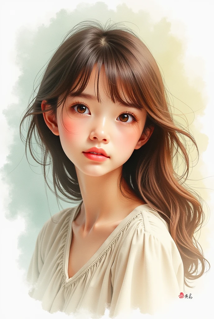  in watercolor style with brown hair, with bangs, who is looking at something with curiosity 

