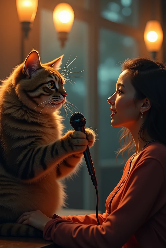 Mic cat and woman