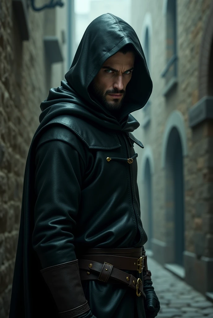 A thief of , naughty man, with pale skin, 1,70 tall. He has striking green eyes and curly black hair.. Your build is thin, and he wears black leather clothes with a hood, typical of the medieval era. His expression is cautious, befitting his suspicious nature as he navigates the shadows.