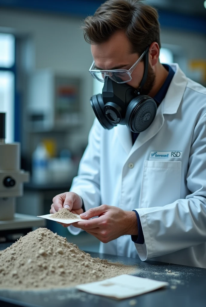 generates the image of a chemical laboratory technician with a man in a white lab coat and a 3M respirator with dust and vapor filters, where you can see up close how a fraction of a mineral sample in powder form is taken into four parts and how one part is placed inside a labeled envelope and in the background you should see a Boyd RSD model mineral sample crusher., This background display is mandatory and should look realistic and not cartoonish., You should also keep a safe distance and not be too close or to the right.