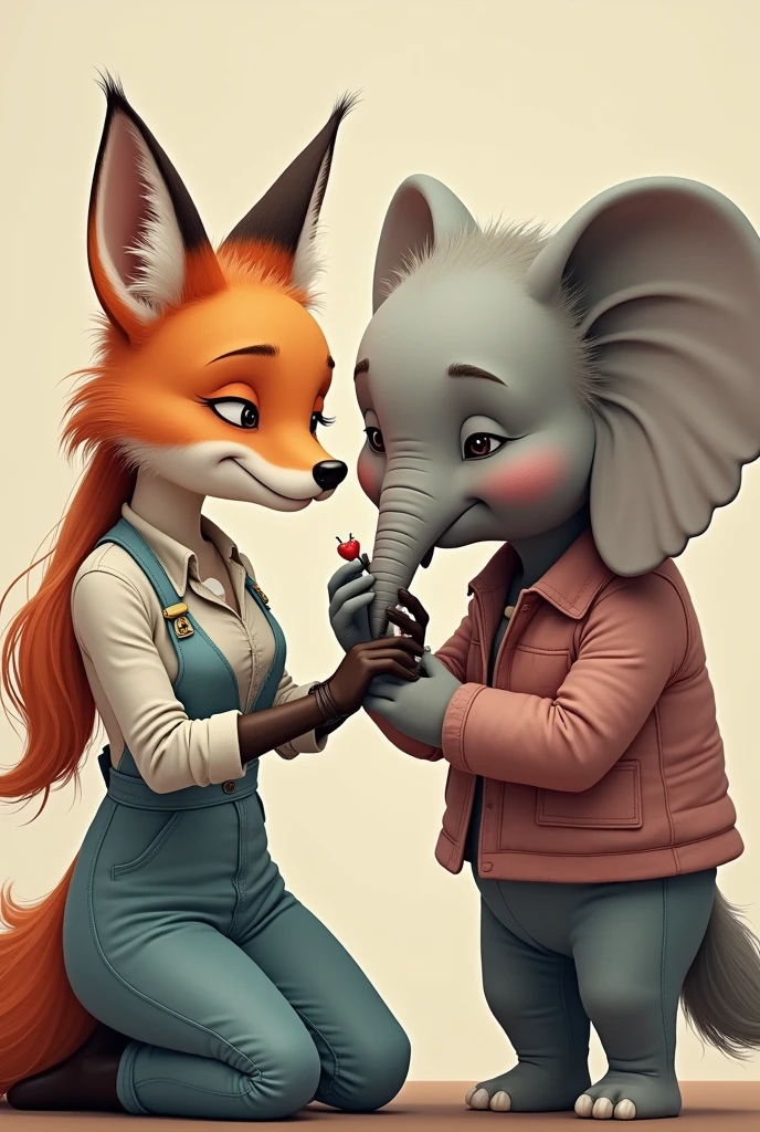 A female fox works as a hairdresser, removing excess hair from the face of a very young elephant wearing a shirt and jeans.
, To persuade, The twenties, Handsome, Detailed face, Looking at the camera, really, Ultra clear, High quality