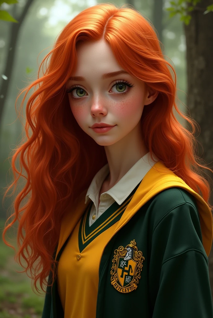 rousse avec de longs cheveux bouclés, les yeux verts foncés/marrons avec un uniforme d'harry potter, poufsouffle, taches de rousseurs
elle s'appelle Nora Smith