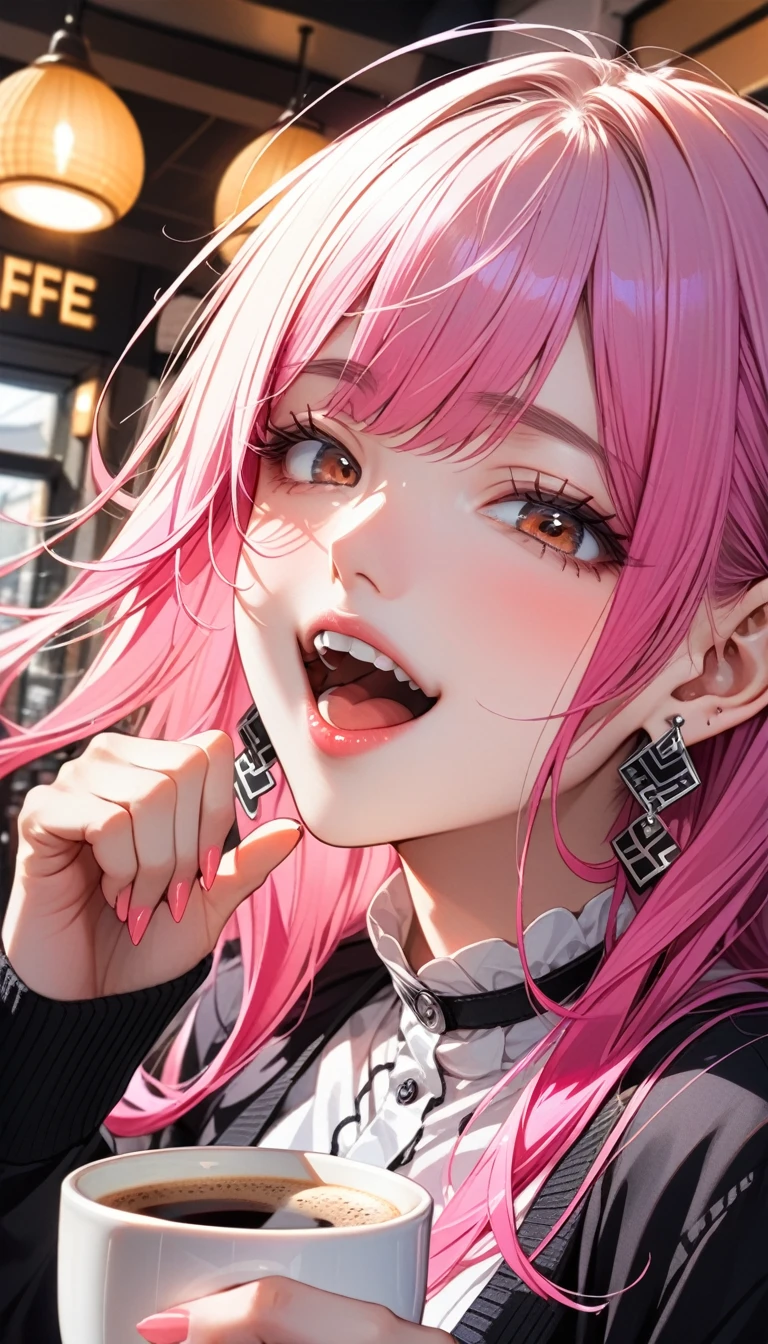 USE 3 COLOR, High resolution, masterpiece, Highest quality, Ultra high definition, ２Colored Hair, one person, 独奏, Earrings, Close your mouth, Close-up, Drinking coffee at a cafe,very loud laugh