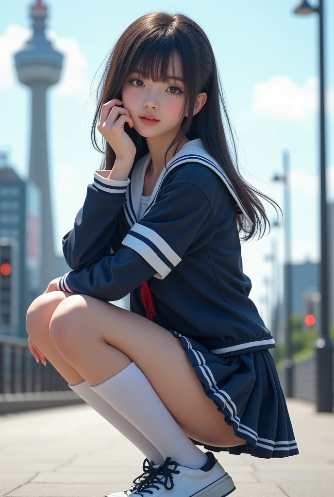 High resolution、Realistic、RAW Photos、Detailed Background、Beautiful in every detail、Highly detailed face、Teenage beauty、Huge breasts、Perfect body line、Bobcut、ponytail、Long Hair、Shiny navy blue sailor suit、White sailor collar、Navy blue mini pleated skirt、White Stockings、cute仕草、A big smile、smile、(Panty Shot)、(Underboob)、
(With landmarks in the background、A beautiful girl squatting playfully, photographed from below:1.5)、Tokyo Sky Tree、Tokyo Tower、cute