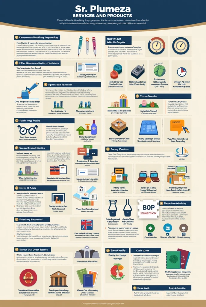 Create this vertical infographic in image, with navy and khaki color theme, from the acronym: Sr. PLUMEZA

¿Qué es Sr. PLUMEZA?
Document services and procedures • Birth Certificate • CURP • CFE Receipt Update • Tax Status Certificate Update Educational resources • Teaching material • Blackboards, Markers and erasers Stationery • Bond paper, layer, polishing and other • Office supplies Cleaning • Brooms, Mops and cleaning equipment • Soaps, antibacterial gel and cleaning supplies School supplies • Pencils, pencils, erasers and more • Backpacks, pencils and organizers Haberdashery • Needles, hooks and sewing tools.
• Threads, buttons, ribbons and other sewing accessories Binding • Binding • Laminating Document reproduction area • Photocopying • Scanning • Prints Art • Paintings, brushes and stencils • Other materials and tools for artistic creation
