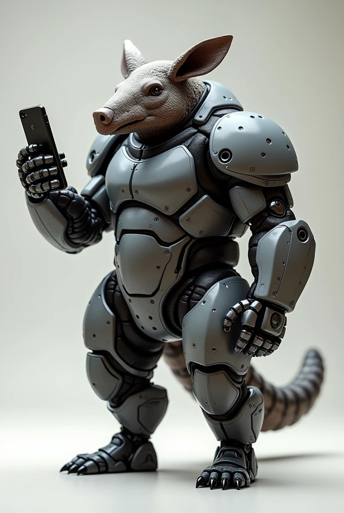 Strong ball armadillo with a robotic arm with computer in hand 
