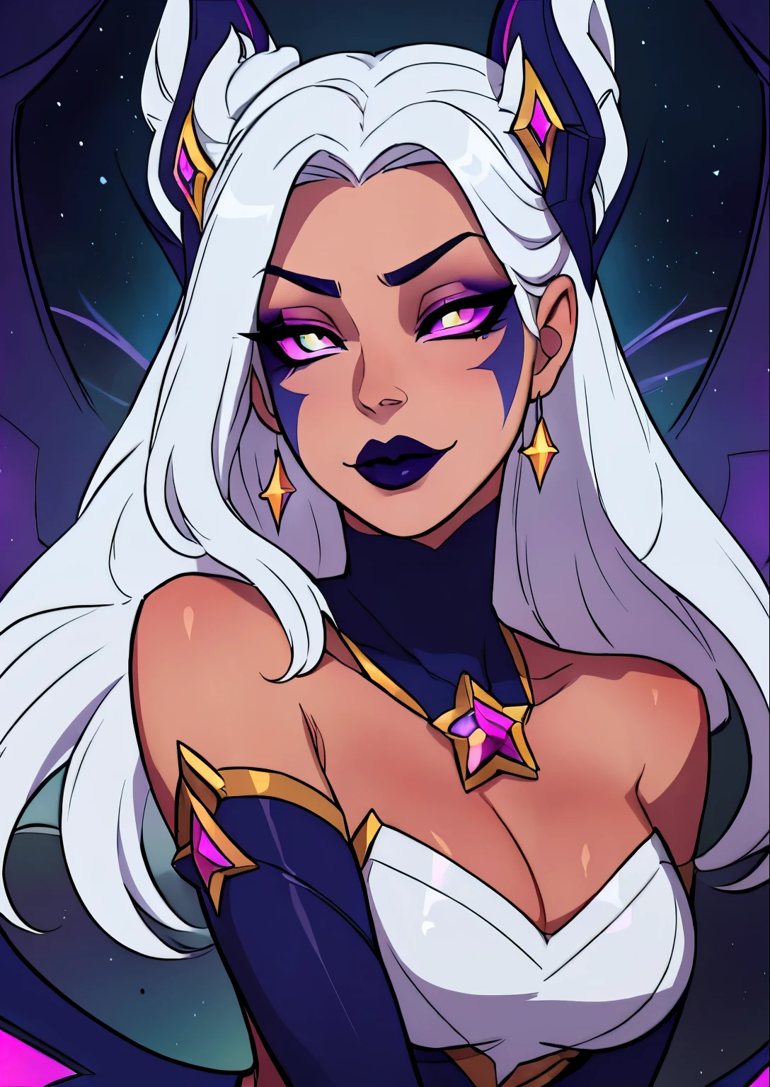 masterpiece, best quality, 1female, beautiful, face portrait, dark makeup, luminous eyes, dark lipstick, face focus, starnemesismorgana, ((pantyhose), elbow gloves, hair ornament, star guardian \(league of legends\), facial mark, neck ribbon, star \(symbol\), white hair)