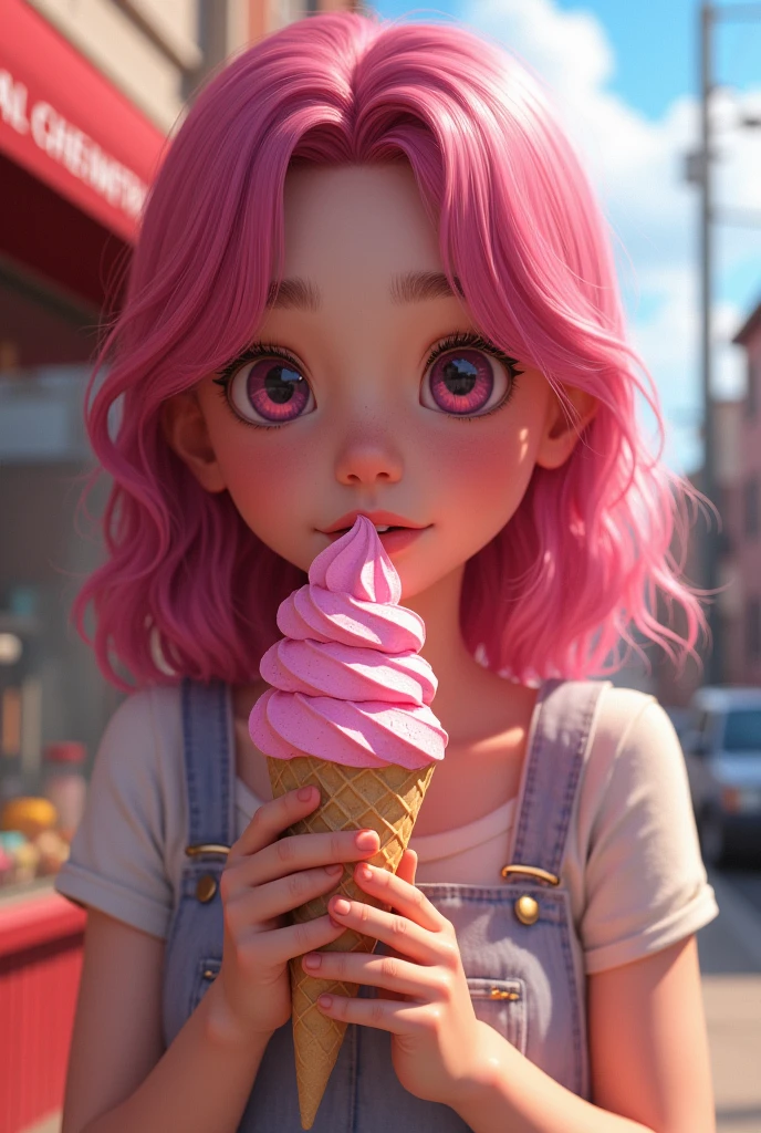 A girl with dark pink hair in the United States eating pink ice cream I want something super realistic