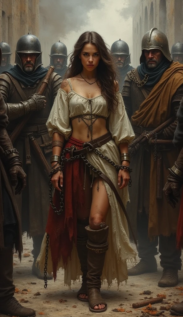 A visual depiction of the daughter of a city ruler being captured by mercenary soldiers. She is shown in a vulnerable state, her clothes ripped and dirty from the struggle. Her hands are tied up with chains, and she stands with a mix of defiance and fear in her eyes. The background suggests a scene of destruction, with smoldering ruins and the aftermath of the city’s sacking. The mercenaries around her appear menacing, their expressions cold and ruthless. The depiction is in a realistic oil painting style, fitting the dark fantasy Renaissance Era theme, highlighting the grim and tragic reality of her situation.