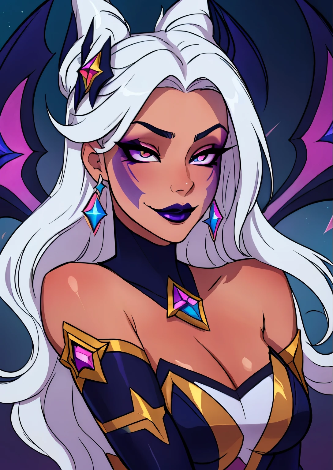 masterpiece, best quality, 1female, beautiful, face portrait, dark makeup, dark lipstick, face focus, starnemesismorgana, ((pantyhose), elbow gloves, hair ornament, star guardian \(league of legends\), facial mark, neck ribbon, star \(symbol\), white hair)