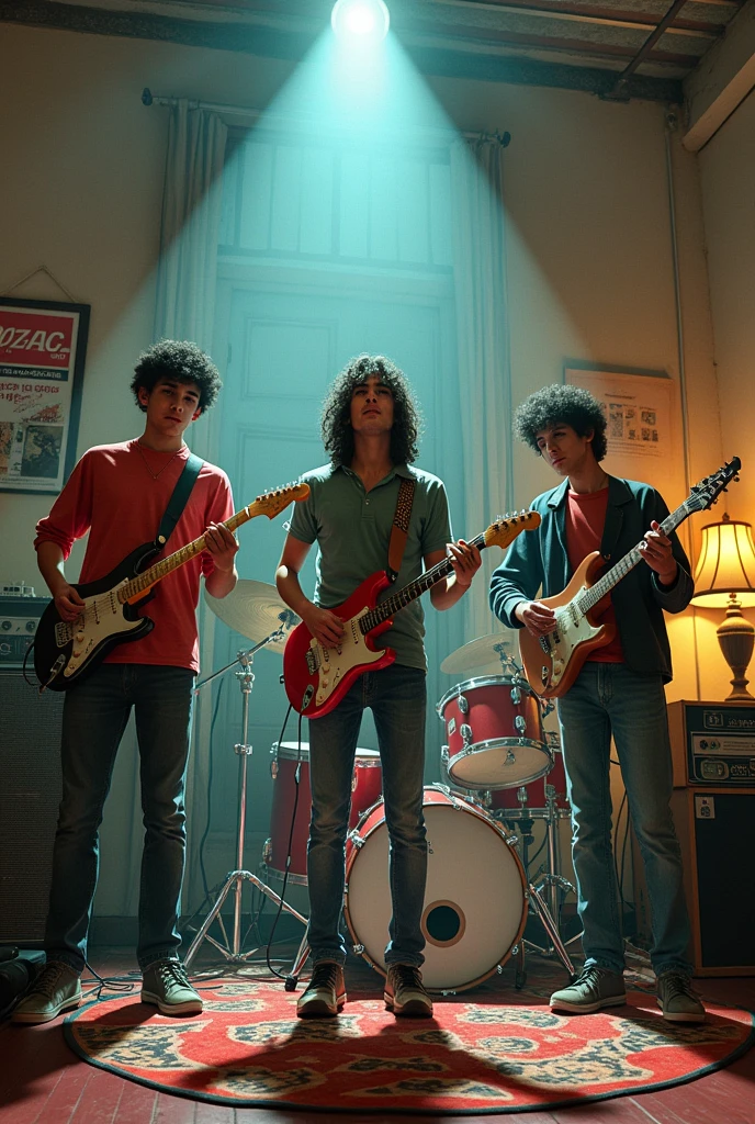 In a high school three friends with guitars , bass and drums playing at being a rock band , and a poster called PROZAC in a room in Mexico City in the 1980s ,traveling in a time machine to the future where they become great rockers