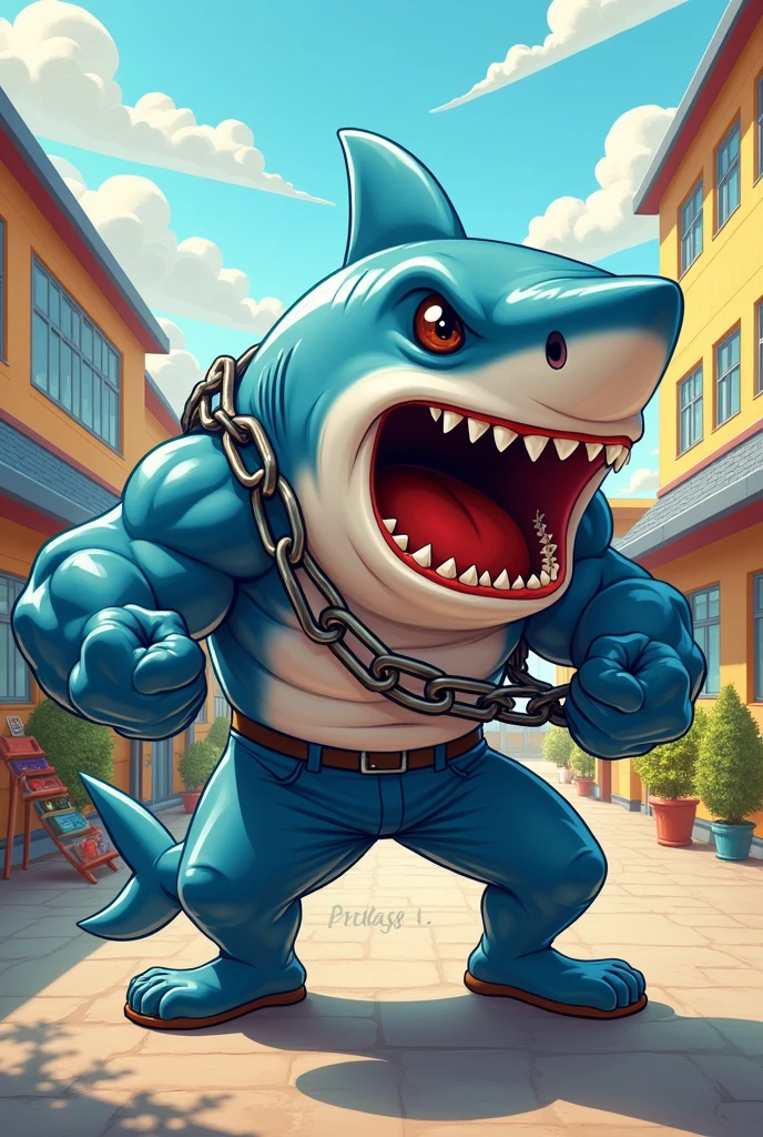 shark with strong arms, second grade school mascot with harmless chain , BOMBING 