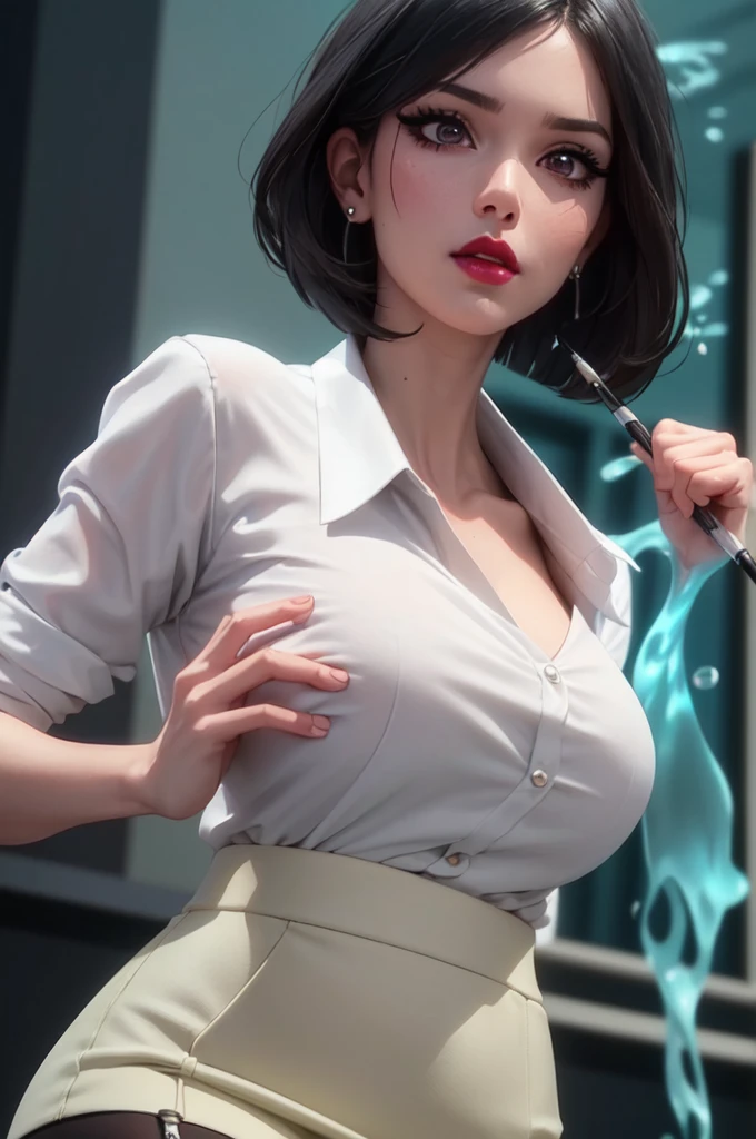 (ultra realistic,32k,RAW photo:1.1),(high detailed skin:1.1), 8k uhd, dslr, high quality, film grain, (makeup, mascara:1.1), lips,(thick\lips\), 
(shiny glossy translucent clothing:1.1), WakatsukiRisa, 1girl, mature female,black hair, short hair, makeup, lipstick, , (urple eyes:0.5), detailed eyes, perfect face,white shirt, pencil skirt, thighhighs, garter straps, (upper body:1.2),, Reaching high with both hands, 
 (busty:1.1) ,  (chubby:0.1),(bioluminiscent:1.2),dark theme, martial arts dojo,  combat training, immersive martial arts simulations, holographic opponents