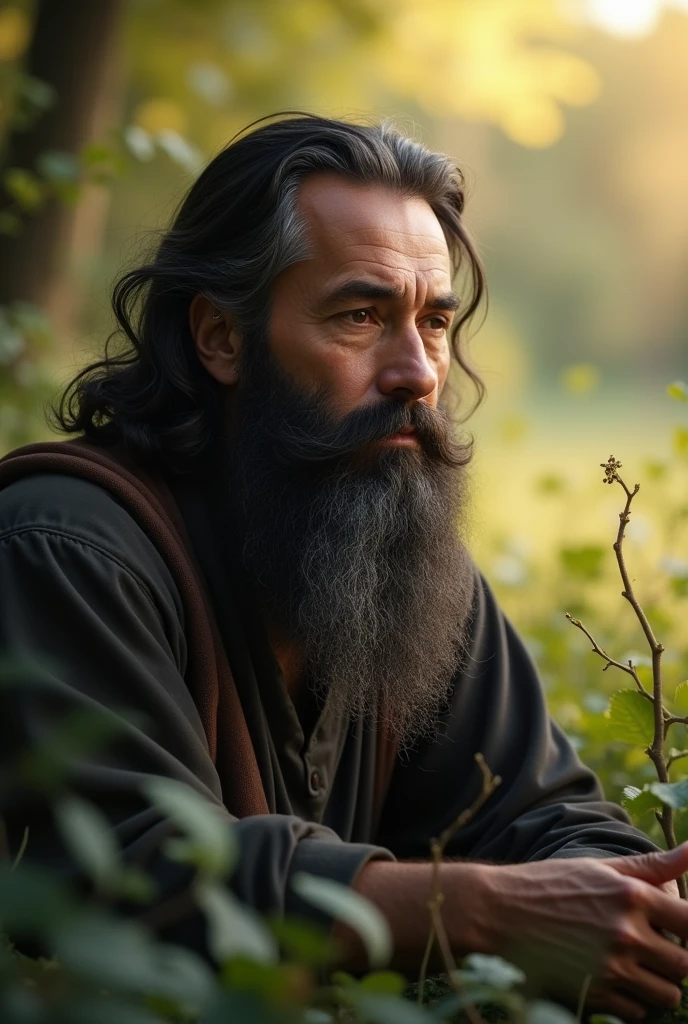 I am a 4 man, I have long black hair and a thick black beard., and still Generate an image of myself that describes a growth in my being, with a future full of peace and spiritual tranquility . Finding a family and a home again 